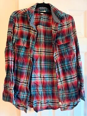 Treasure & Bond Teal and Red Plaid Button-Down Shirt